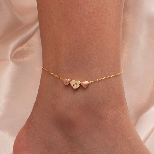 Hand Stamped Initial Anklet: 16k Gold Plated Triple Heart Charm