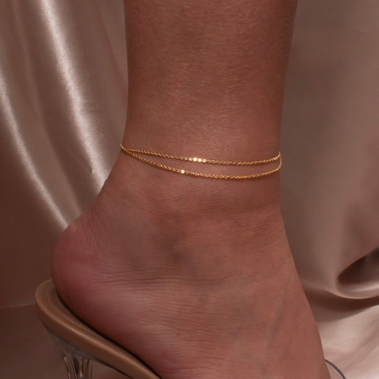 Simple double chain anklet personalized initial coin anklets minimalist 16K gold plated anklets