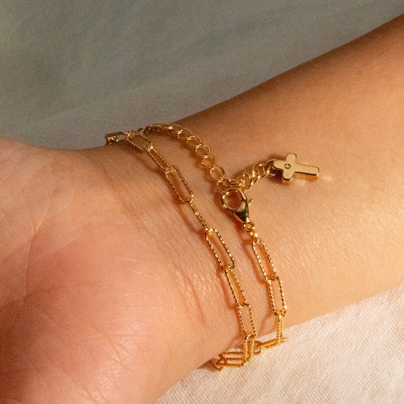 Gold Paper Clip Chain Bracelet: Double Layered Cross Initial