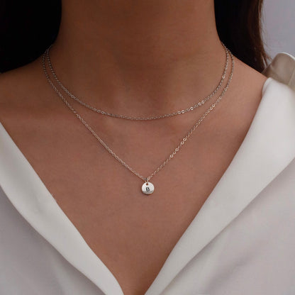 Double Chain Initial Necklace: Personalized Coin Disc Pendant