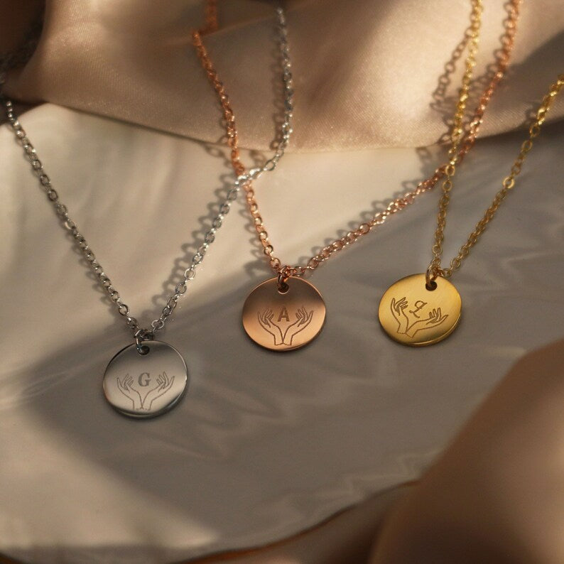 Engraved Initial Hand Gesture Necklace: Personalized Friendship Gift