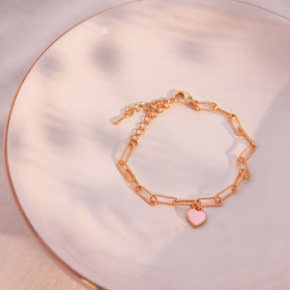 Gold Paperclip Chain Bracelet: Pink Heart Initial Charm, Personalized