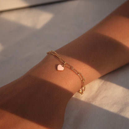 Gold Paperclip Chain Bracelet: Pink Heart Initial Charm, Personalized