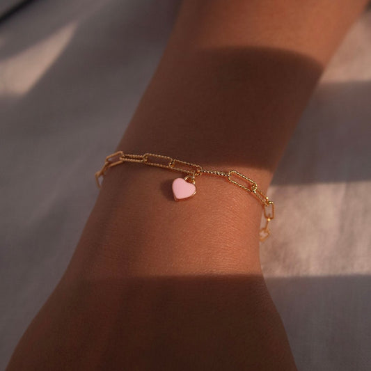 Gold Paperclip Chain Bracelet: Pink Heart Initial Charm, Personalized