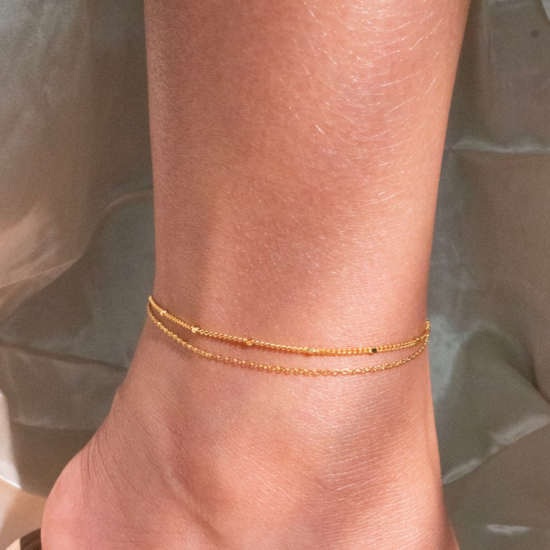Gold Double Chain Anklet: Personalized Initial Coin Charm