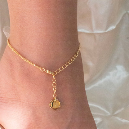 Gold Double Chain Anklet: Personalized Initial Coin Charm