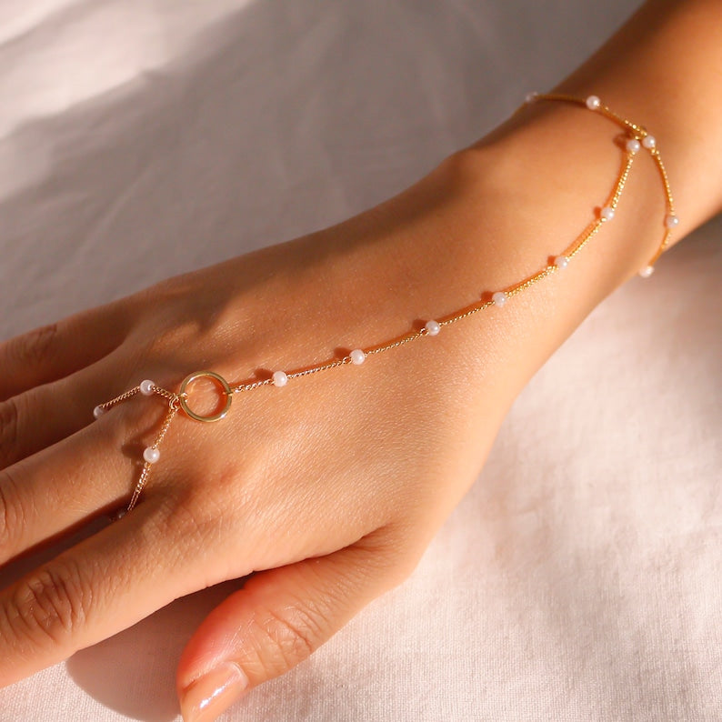 Pearl Hand Chain Bracelet: Gold Link Finger Bracelet