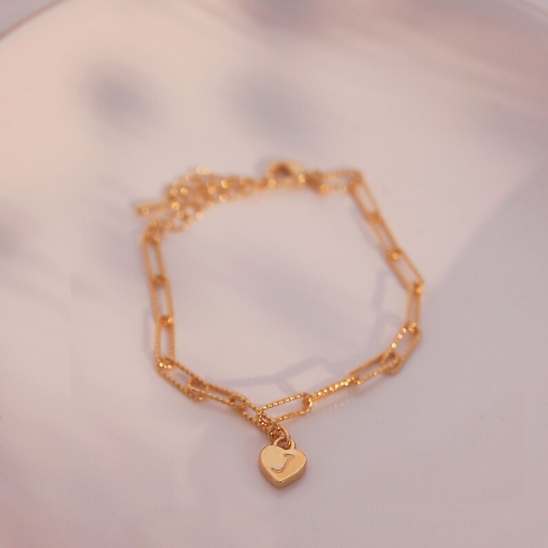 Gold Paperclip Chain Bracelet: Pink Heart Initial Charm, Personalized