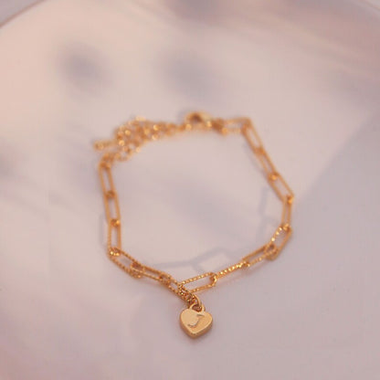 Gold Paperclip Chain Bracelet: Pink Heart Initial Charm, Personalized