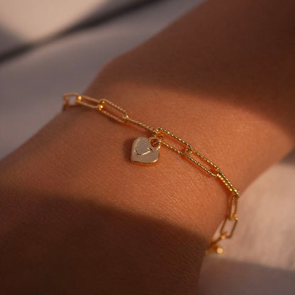 Gold Paperclip Chain Bracelet: Pink Heart Initial Charm, Personalized
