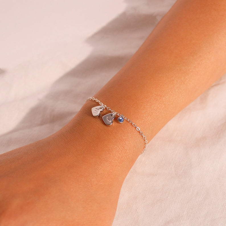 Sterling Silver Birthstone Bracelet: Personalized Initial Heart Charm