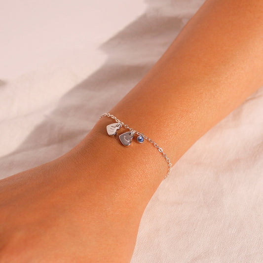 Sterling Silver Birthstone Bracelet: Personalized Initial Heart Charm