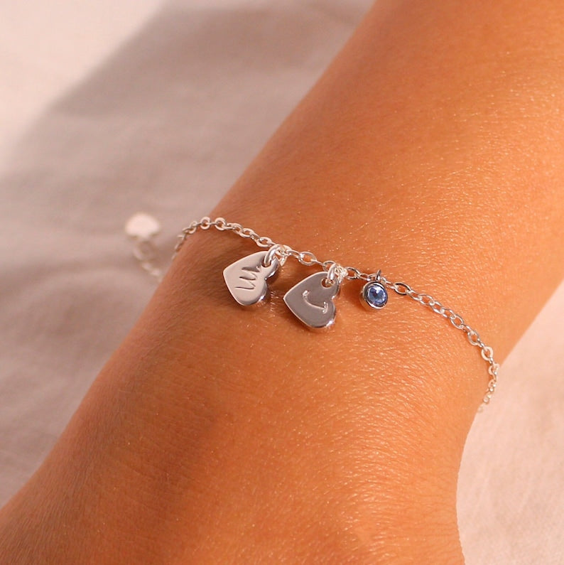 Sterling Silver Birthstone Bracelet: Personalized Initial Heart Charm