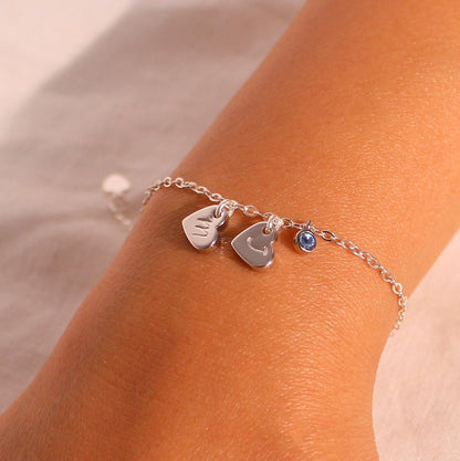 Sterling Silver Birthstone Bracelet: Personalized Initial Heart Charm
