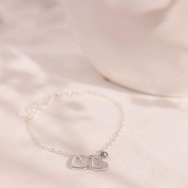 Sterling Silver Birthstone Bracelet: Personalized Initial Heart Charm