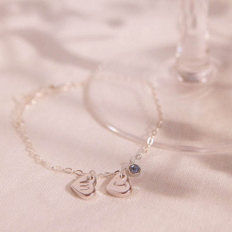 Sterling Silver Birthstone Bracelet: Personalized Initial Heart Charm