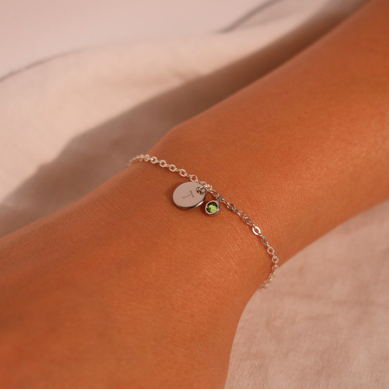 Sterling Silver Birthstone Bracelet: Personalized Initial Coin Charm