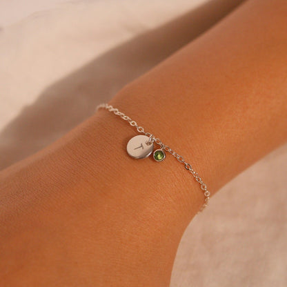 Sterling Silver Birthstone Bracelet: Personalized Initial Coin Charm