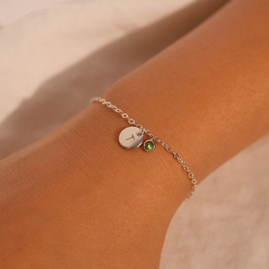 Sterling Silver Birthstone Bracelet: Personalized Initial Coin Charm