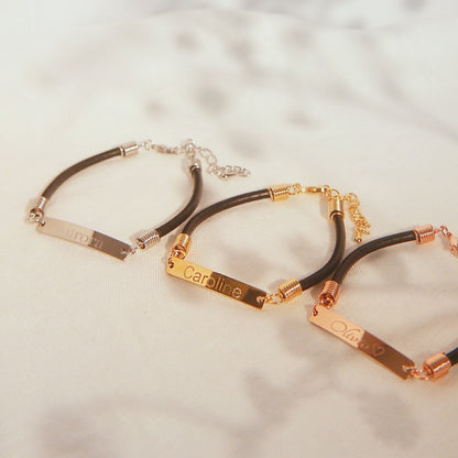 Personalized Leather Name Bracelet: 16K Plated Bar, Friendship Jewelry