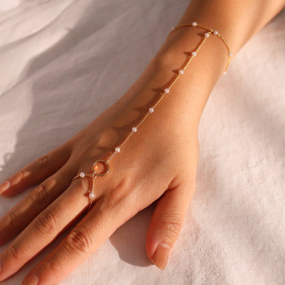 Pearl Hand Chain Bracelet: Gold Link Finger Bracelet