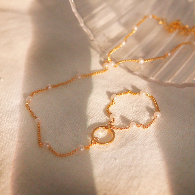 Pearl Hand Chain Bracelet: Gold Link Finger Bracelet