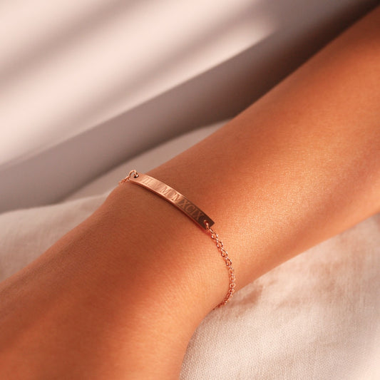 Personalized Roman Numeral Bracelet: 16K Gold Plated Engraved Bar