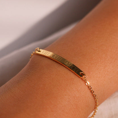 Personalized Roman Numeral Bracelet: 16K Gold Plated Engraved Bar