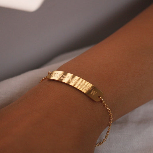 Personalized Coordinate Bracelet: 16k Gold Plated Custom Message