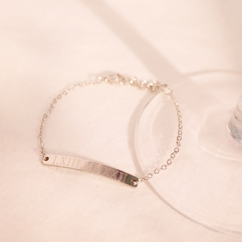 Personalized Roman Numeral Bracelet: 16K Gold Plated Engraved Bar