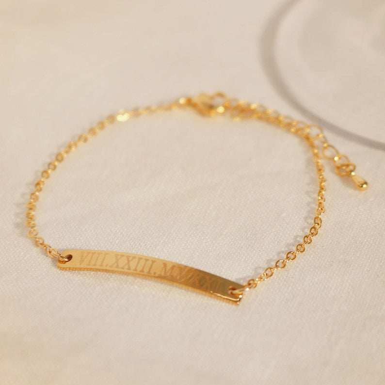 Personalized Roman Numeral Bracelet: 16K Gold Plated Engraved Bar