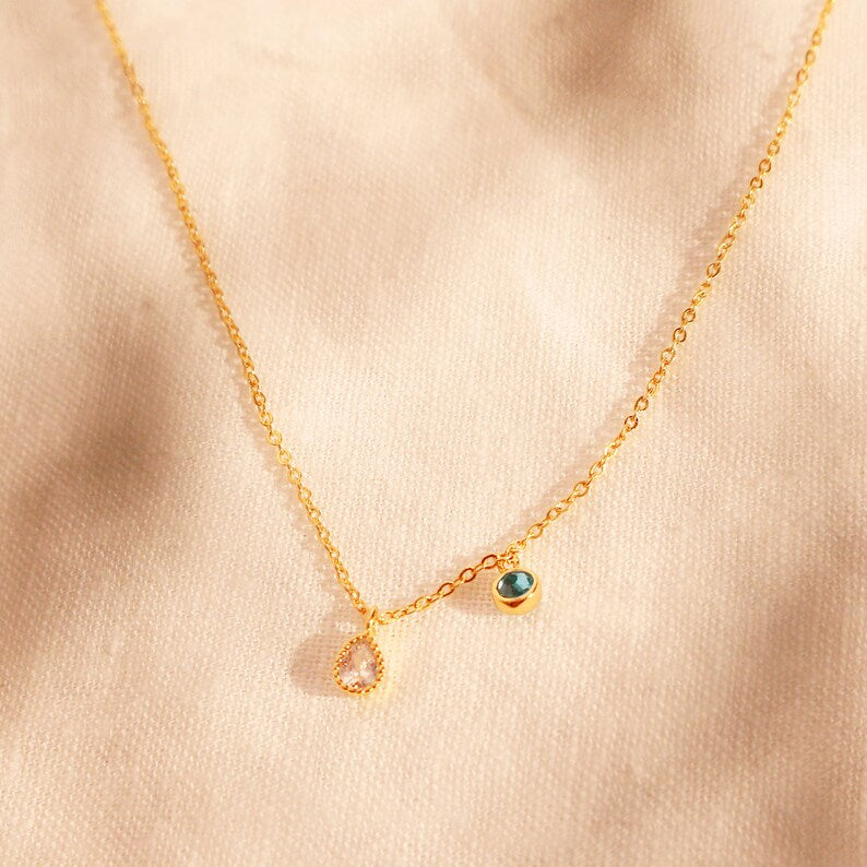 Tear Drop Birthstone Necklace: 16K Gold Plated Pendant