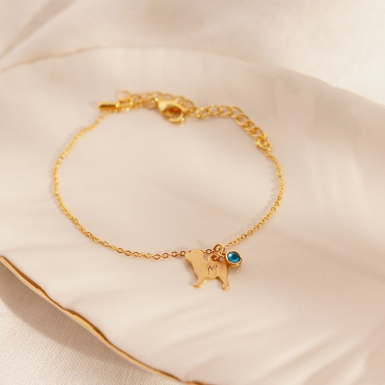 Gold Dog Birthstone Bracelet: Personalized Initial Charm