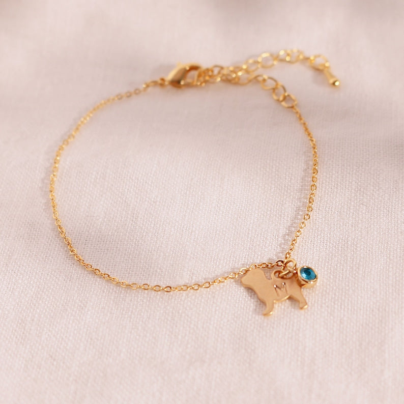 Gold Dog Birthstone Bracelet: Personalized Initial Charm