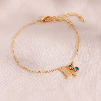 Gold Dog Birthstone Bracelet: Personalized Initial Charm