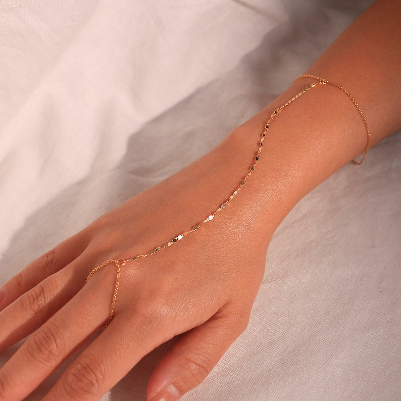 Gold Hand Chain Bracelet: 16K Plated Link Ring Bracelet