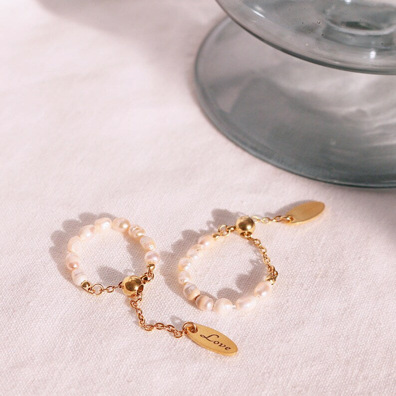 Freshwater Pearl Personalized Ring: 16K Gold Plated Adjustable Name Ring