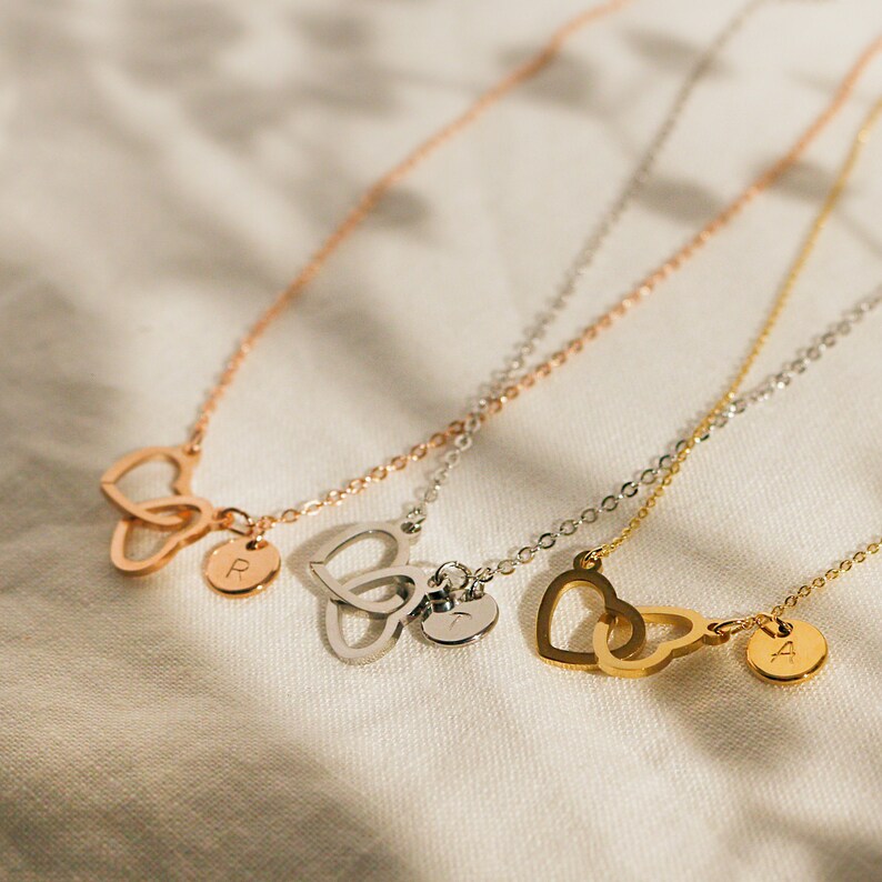 Double heart initial necklaces 16k gold plated cute heart necklace best gift for her