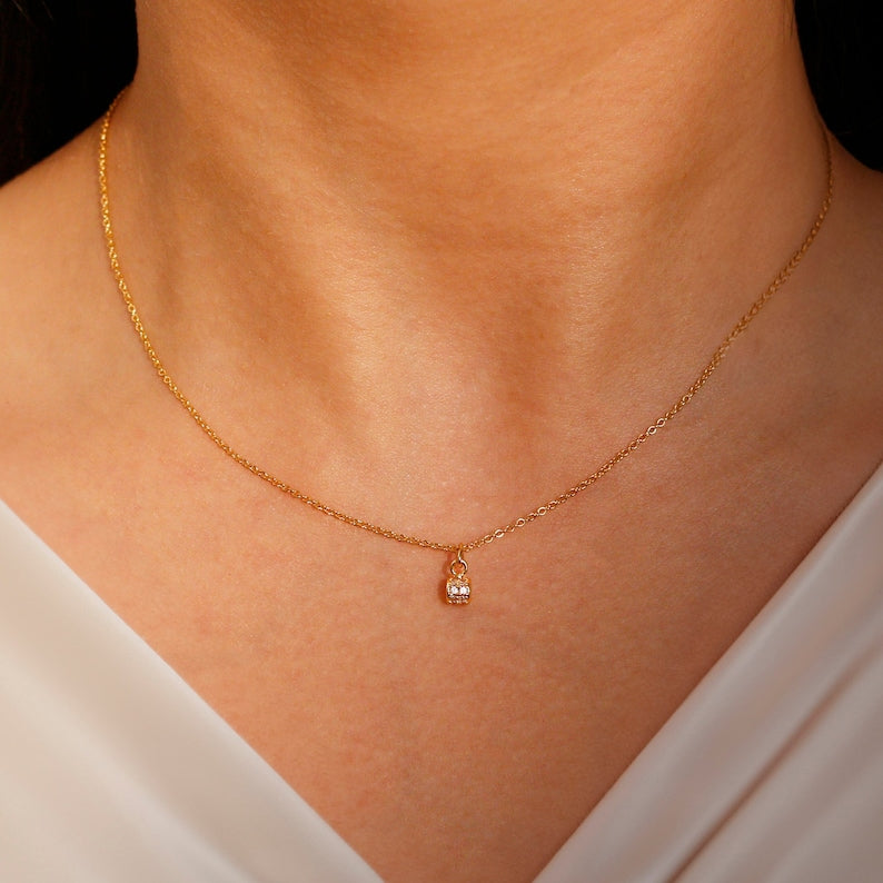 Dainty Gold Cubic Zirconia Necklace: Minimalist Charm, 16K Plated