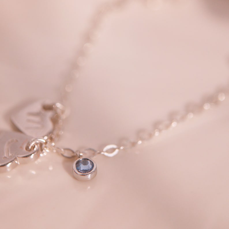 Sterling Silver Birthstone Bracelet: Personalized Initial Heart Charm