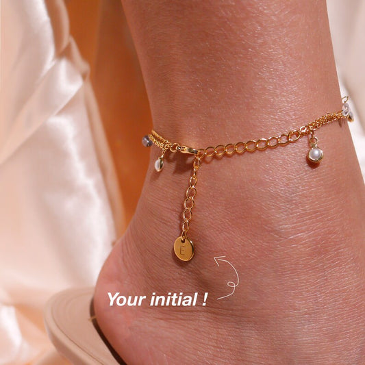 Pearl & Cubic Zirconia Anklet: 16K Gold Double Layered Chain