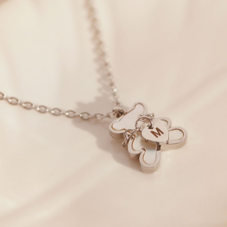 Bear Necklace: Mother of Pearl Heart, Personalized Initial
