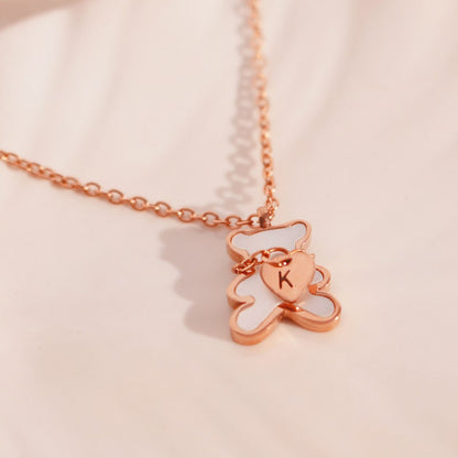 Bear Necklace: Mother of Pearl Heart, Personalized Initial