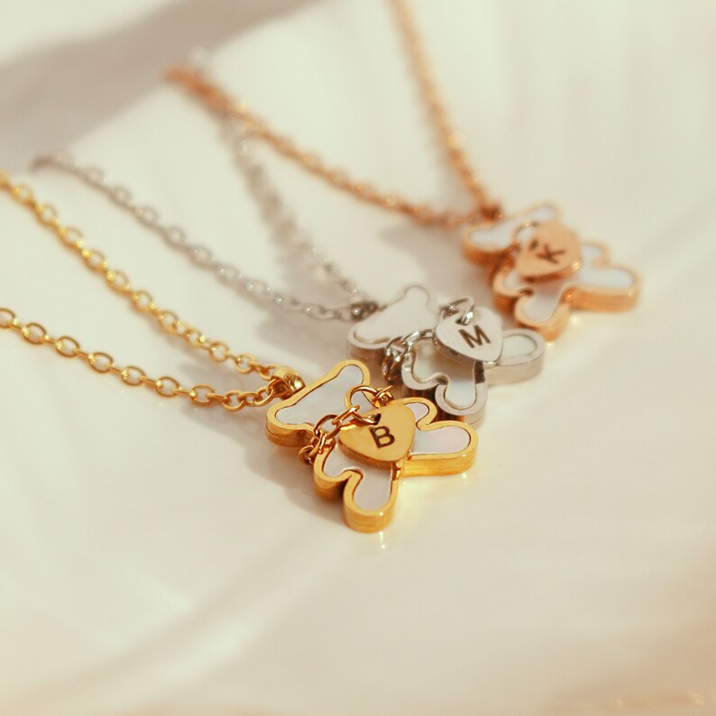 Bear Necklace: Mother of Pearl Heart, Personalized Initial