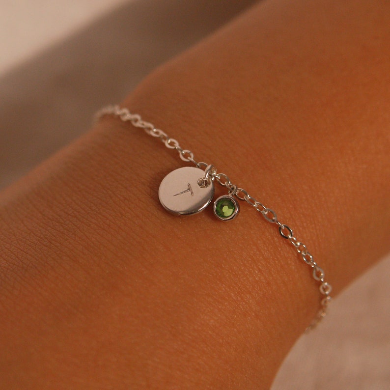 Sterling Silver Birthstone Bracelet: Personalized Initial Coin Charm