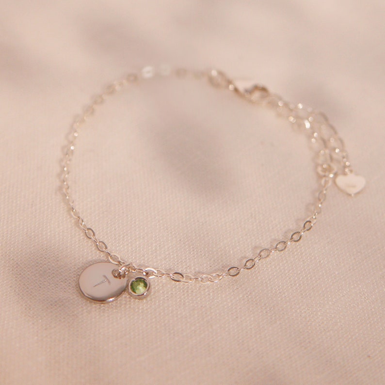 Sterling Silver Birthstone Bracelet: Personalized Initial Coin Charm