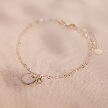 Sterling Silver Birthstone Bracelet: Personalized Initial Coin Charm