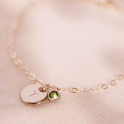 Sterling Silver Birthstone Bracelet: Personalized Initial Coin Charm