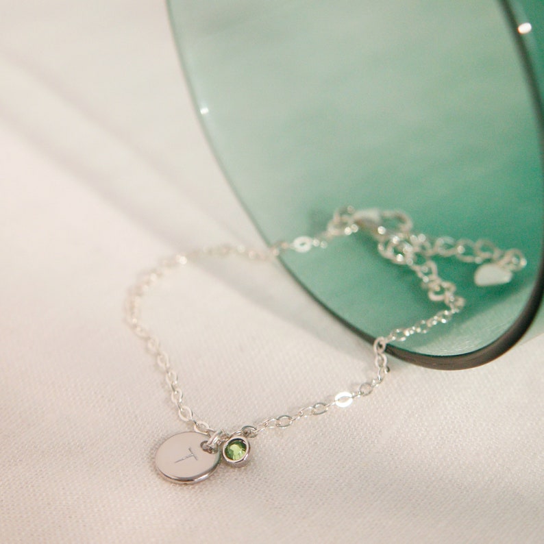 Sterling Silver Birthstone Bracelet: Personalized Initial Coin Charm
