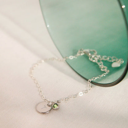 Sterling Silver Birthstone Bracelet: Personalized Initial Coin Charm